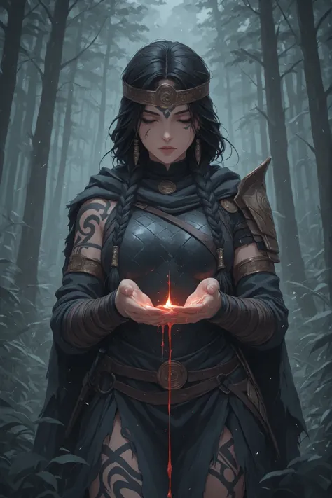 Beautiful Viking woman , with braided blond hair,  with a very sexy body , nordic wolf skin armor but sexy, with an acha on his hands, and his skin with runic tattoos and blood, in a gray environment