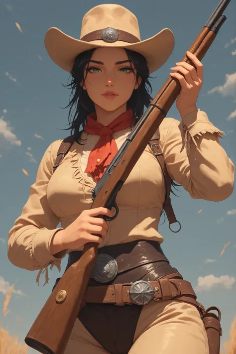 A cowgirl from the Wild West, with a beautiful face, black hair, Green eyes, a very sexy cupero, in tight cowgirl clothing, holding a Winchester rifle,  in a sexy pose 