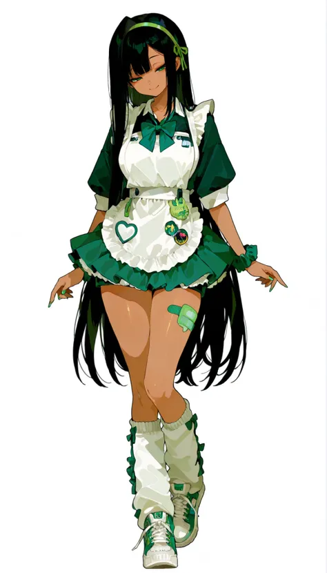 ((Highest Quality)), (Simple background), 1girl, full body, standing, breast, thighs, smile, seductive, half-closed eyes, dark skin, green eyes, black hair, very long hair, side bangs, single hair intake, loose bowtie, green bow tie, mini skirt, shorts und...