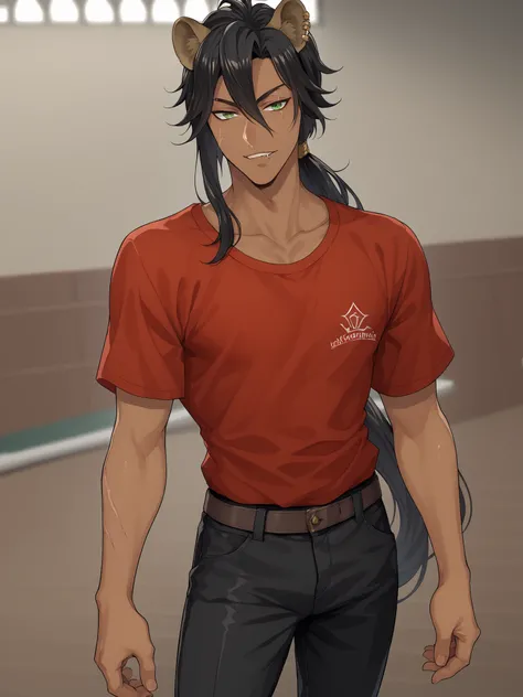 Anime man with thin black hair, green sharp eyes, emotionless and cold personality. Brown colored skin, tan skin, Has one orange highlight, solo, blurry background, angle view, long hair, low ponytail, red loose shirt, black pants, scar on lip, lion ears, ...
