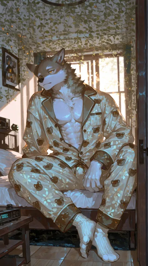 furry的male, (unique)，Brown wolf ，( male:1.5), ( white skin:1.3), furry，( gray-brown fur :1.3),(( golden pupils))，(gray-brown ear),(furry 动物 耳朵s)，松开扣子的Light brown pajamas，The falling pajamas，show one shoulder，modern simple style， white socks，modern minimali...