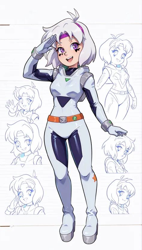 Girl, just a girl, wearing shiny silver space suit bodysuit, tall platform boots, retro antenna headband, futuristic belt, long white hair styled in swirls, purple eyes with alien makeup, smiling confidently with one arm raised in salute, plain white backg...