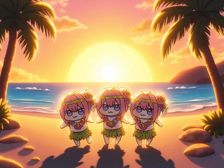 chibi,3 doro stand on the beach,wearing hula dance costume, beach scene with palm trees, sunset lighting, backlight effect by sunset