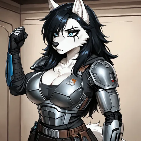 Source_furry,  (((1girl))), furry, anthro, white fur wolf, star wars, bounty hunter, cleavage, long black messy spiky black hair, blue eyes, bounty hunter armor, mandalorian armor, black eye shadow, black eyeliner, tall, curvy body, athletic build, robot l...