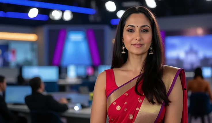 create a news channel setup with indian woman news reader, wearing sleeveless saree depth of field with bokeh, cinematic color grading, shot with a Canon EOS R5 + RF 85mm f/1.2L lens, shutter speed 1/100, ISO 100, aperture f/1.4, ultra-sharp focus on subje...