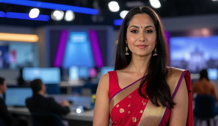 create a news channel setup with indian woman news reader, wearing sleeveless saree depth of field with bokeh, cinematic color grading, shot with a Canon EOS R5 + RF 85mm f/1.2L lens, shutter speed 1/100, ISO 100, aperture f/1.4, ultra-sharp focus on subje...