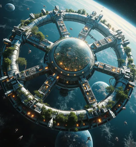 space colony, gigantic ring-shaped colony floating in space, Earth in the background, glass domes with artificial forests and lakes inside, astronauts floating around the colony performing maintenance, dawn lighting, sunlight softly illuminating the colony...