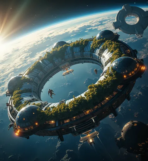 space colony, gigantic ring-shaped colony floating in space, Earth in the background, glass domes with artificial forests and lakes inside, astronauts floating around the colony performing maintenance, dawn lighting, sunlight softly illuminating the colony...