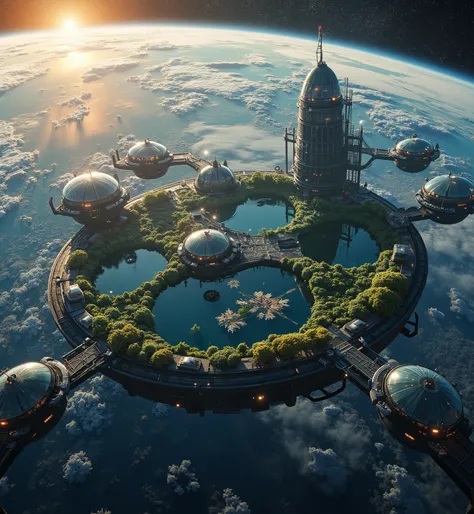 space colony, gigantic ring-shaped colony floating in space, Earth in the background, glass domes with artificial forests and lakes inside, astronauts floating around the colony performing maintenance, dawn lighting, sunlight softly illuminating the colony...