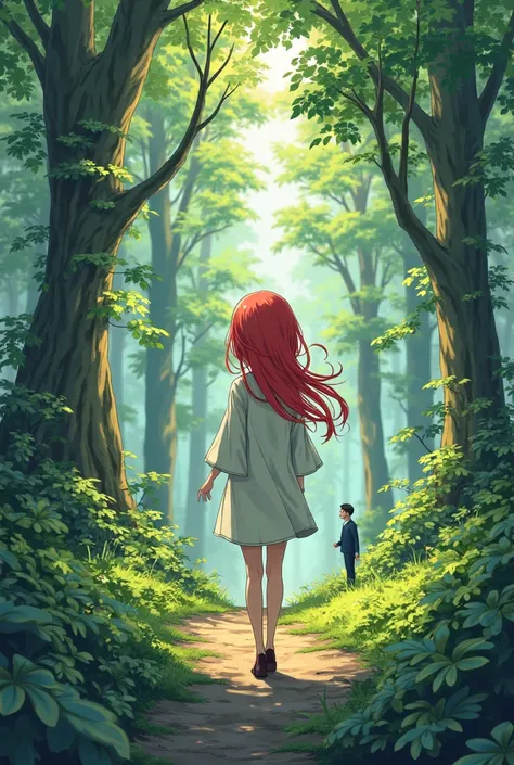 Red-haired anime striped girl with Asian face not wearing tights, scene in the forest, walking in the forest, watching Little Suit
