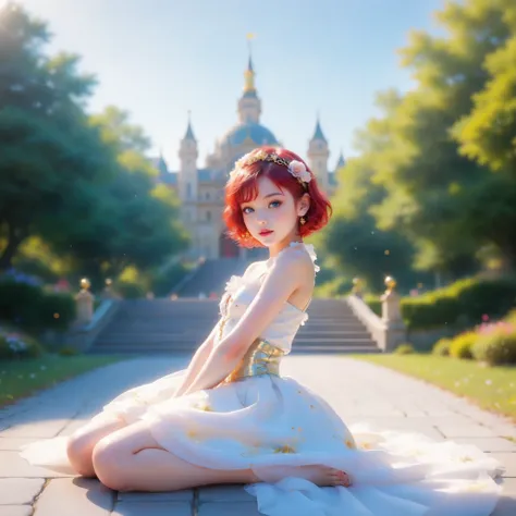 With the palace lobby with stairs to the left and right of the atrium in the background、Decorations adorned with intricate floral details and accents、
young girl，-like face、uneasy expression、Glowing blue eyes、Crimson short bob hair、Got a big slit、Luxurious...