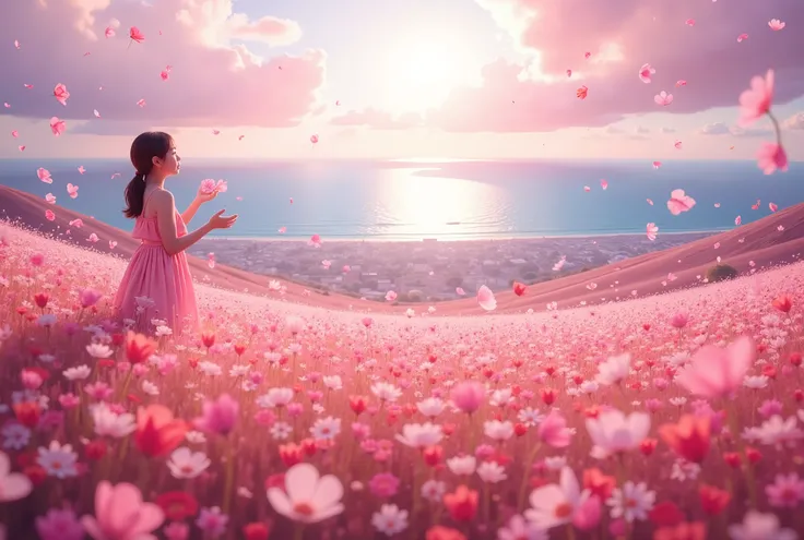 panorama、４K、Super wide angle、high resolution、top quality、Realistic、masterpiece、horizon、 intricate cove 、Blue sea in the distance、The Wide Ocean、Beautiful City in the Distance、Girl looking down from a park on a high hill、A field of cosmos flowers、 lots of f...