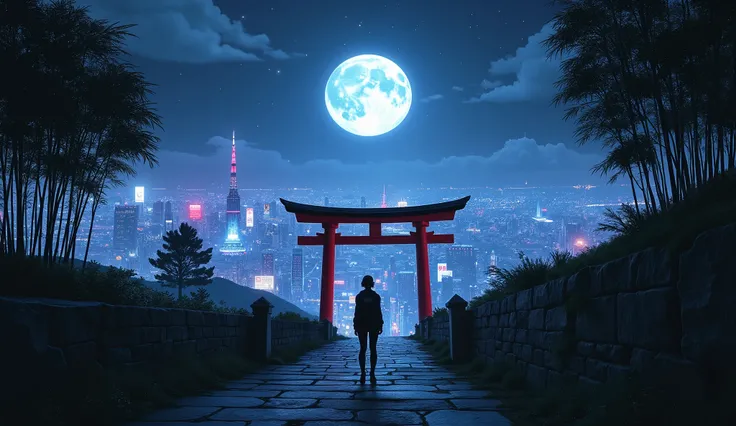 A moody cyberpunk scene blending futuristic and traditional Japanese elements. At night, under a star-filled sky and a luminous full moon, a red torii gate stands solemnly at the base of a stone staircase that winds quietly up a hill. Flanking the path are...