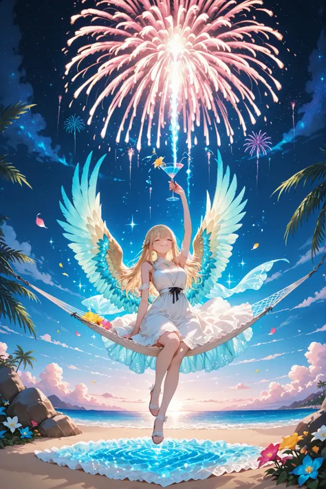 
 a graceful Cute girl with angelic wings lounging on a hammock, her elegant white dress adorned with lace and floral accents, she holds a delicate cocktail glass in her hand, the drink is vibrant, filled with colorful flowers and a glowing blue liquid, he...