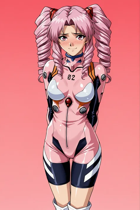 source_Evangelion,  cowboy shot, 最高品質。傑作。解剖学的に正確な。highly detailed eyes, perfect eyes, motherhood, (chiaki, pink hair, drill hair, twin tails, solo, pretty female, long hair, pink eyes, tiny, embarrassed, smile, 小さな胸。standing, hands behind back, look at vie...