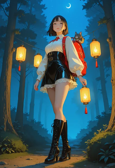 perfect anatomy, 1girl,((full body)), Dynamic Poses with Lanterns, Leather Lace-up High Heel Boots,Large Backpack with Luggage、Adventure Girl   、night forest