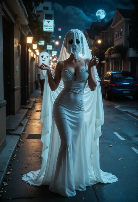 she is standing、(midnight、night)、(nature、city streets、Late Night、Midnight、dark street 、Outdoor)、Street lamp、 Halloween , Ghost Pose、Wearing a white dress、 Carafe Wearing White Sheets Covering Her Face ,   Interesting outfits,  beautiful woman wearing white...