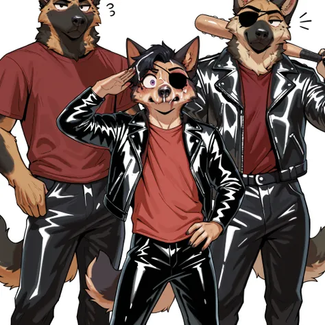 (upload on e621), anthro furry male,german shepherd with black hair, (wearing left-eye leather eyepatch), (ethnicity:1.0), young, (detailed clothing:1.2), (accessories:1.1), (pose:1.2), (expression:1.1), center of frame, facing viewer, holding baseball bat...