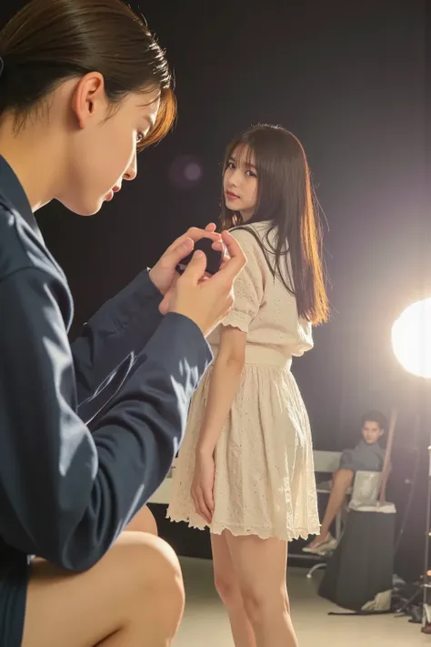 boy taking a picture of a young Japanese woman,professional lighting, confirm that the body structure is appropriate,  (( Chest and legs are quite exposed,Upper body above the instep of the foot:1.4)),slender body, white skin, Detailed Office-Style Face, d...