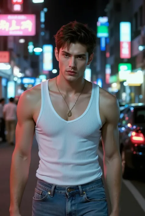 A handsome Korean male model with a lean and defined muscular body, tousled dark brown hair with subtle highlights, monolid eyes, v-line abs, wearing a white ribbed tank top and low-rise vintage jeans, walking slowly into frame in a neon-lit city street at...
