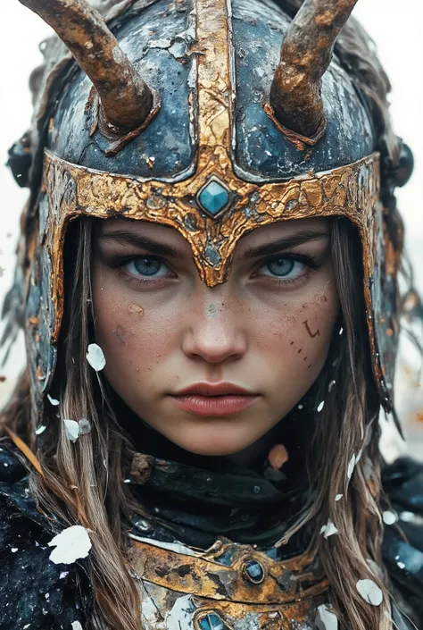 9:16 side-profile half-body portrait, eye-level, high-clarity photoreal. Cool skylight balances warm rim-light, scattering ivory petals through airy bokeh. A fair-skinned woman with steel-gray eyes and windswept ash hair. Helm: weathered indigo plates vein...