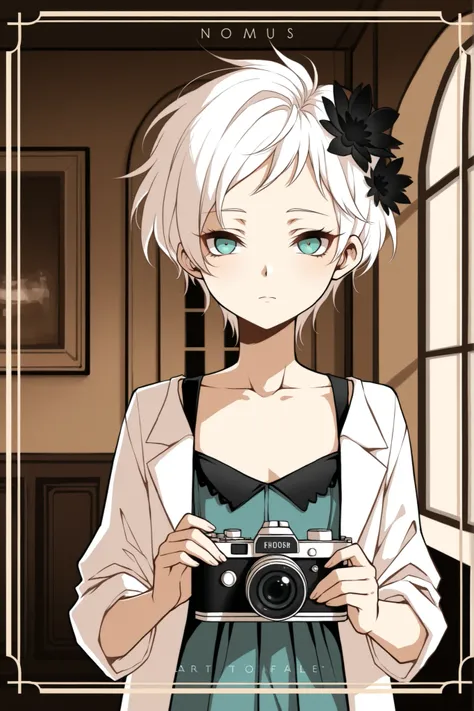 masterpiece, best quality, amazing quality, BREAK (by Hakika:0.35), (by Criis-Chan:0.3),(by dino \(dinoartforame\):0.4), phiv, 1girl, white hair, short hair, black flower hair ornament, aqua eyes, flat chest, 1920s flapper dress, vintage camera, film grain...