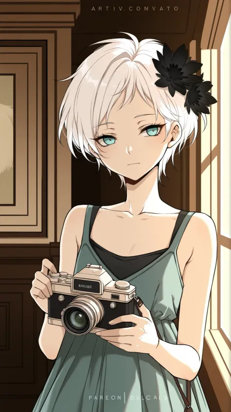 masterpiece, best quality, amazing quality, BREAK (by Hakika:0.35), (by Criis-Chan:0.3),(by dino \(dinoartforame\):0.4), phiv, 1girl, white hair, short hair, black flower hair ornament, aqua eyes, flat chest, 1920s flapper dress, vintage camera, film grain...