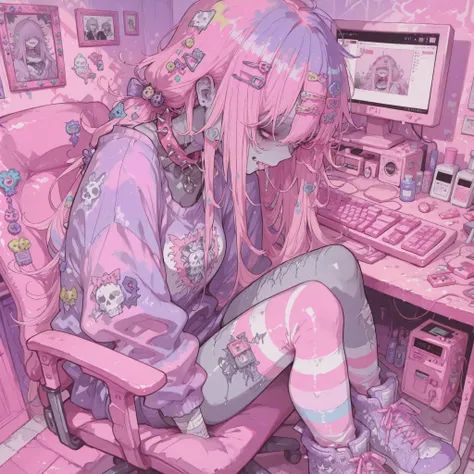 ((Bust illustration, closeup,)) sitting at desk, typing on keyboard, drool, mouth spread, looking at computer, panting, 1 femboy, (pink yellow messy long hair), boyish, hair covers eyes, (((decora hair clips))), adult, sharp teeth, bluish gray skin, sharp ...