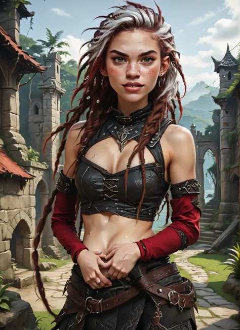 Slender body. White skin. Cute 18-year-old girl with big Asian red eyes and unnaturally sharp teeth and dreadlocks with white highlights. Sharp and pointy teeth. She has a cute and beautiful face. She has a round and young face with a pointy chin. Her body...