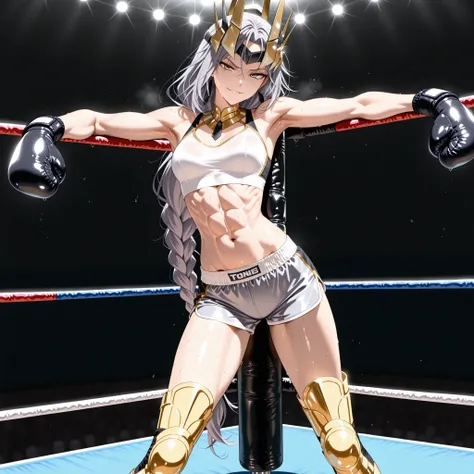 Queen (To be hero x anime), 1girl, boxing, tonned abs, tonned body, tonned abdominal muscles, slim figure, slim body, sweat, thighs, armpits, belly, knees, slender long legs, armored thigh high boots, long hair tied in braids, white/grey hair, hair ornamen...