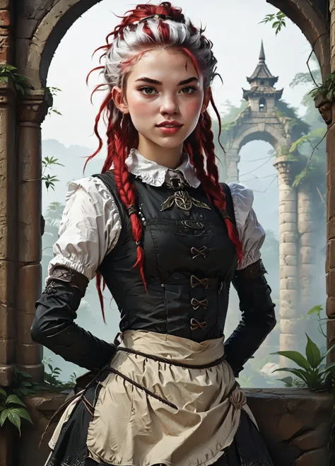 Slender body. White skin. Cute 18-year-old girl with big Asian red eyes and unnaturally sharp teeth and dreadlocks with white highlights. Sharp and pointy teeth. She has a cute and beautiful face. She has a round and young face with a pointy chin. Her body...