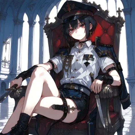 ((best quality)), ((masterpieces)), (detailed), Perfect face, SOLO, ((femboy)), tomgirl, ANIME, beautiful detailed eyes, BOB hair, BOBed hair, black hair, RED EYES, BARE thighs, (((BARE LEG))), ((BLACK short pants)), (((dress shirt))), ((Flat chest)), Chok...