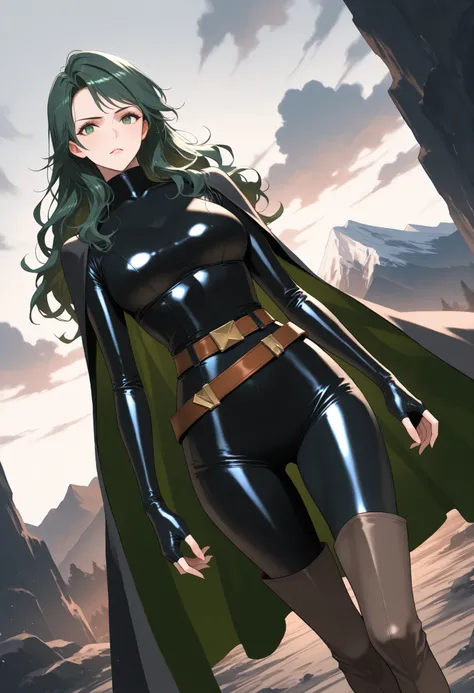 score_9 , score_8_up , score_7_up, solo, 1 woman, Jean Grey, JeanGrey, wavy hair, long hair, dark green hair, green eyes, black latex bodysuit fingerless, brown belt, dark grey boots, dark grey thigh boots, dark grey traveler cape, coboy shot, dutch angle,...