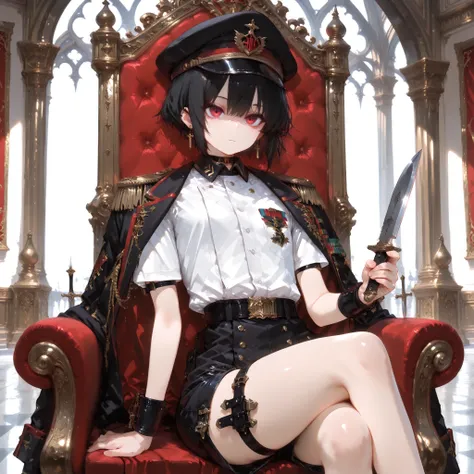 ((best quality)), ((masterpieces)), (detailed), Perfect face, ((SOLO)), ((femboy)), tomgirl, ANIME, beautiful detailed eyes, BOB hair, BOBed hair, black hair, RED EYES, BARE thighs, (((BARE LEG))), ((BLACK short pants)), (((dress shirt))), ((Flat chest)), ...