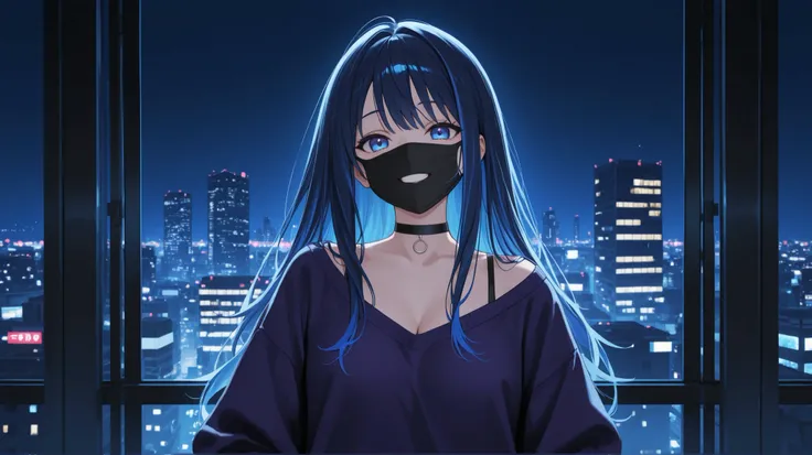 A young woman with long dark blue hair with blue highlights, wearing a black face mask with an open smile, standing in a cityscape room with large windows showing the night skyline. She has striking blue eyes, a black choker with a silver ring and a sweats...