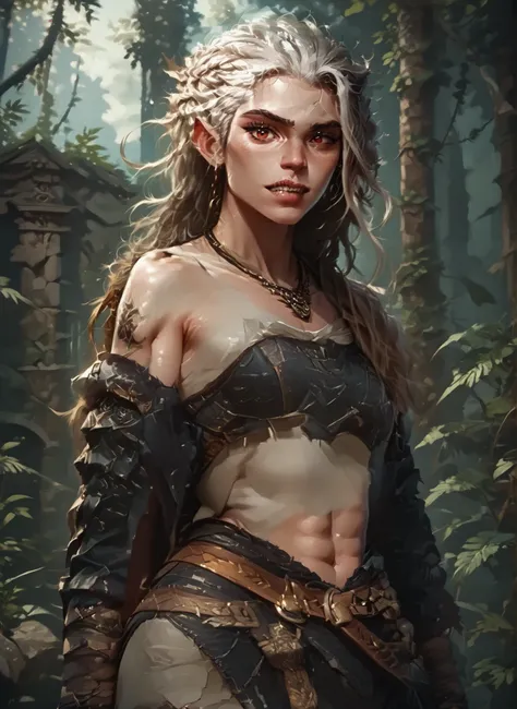 Slender body. White skin. Cute 18-year-old girl with big Asian red eyes and unnaturally sharp teeth and dreadlocks with white highlights. Sharp and pointy teeth. She has a cute and beautiful face. She has a round and young face with a pointy chin. Her body...