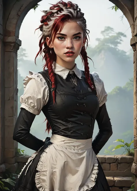 Slender body. White skin. Cute 18-year-old girl with big Asian red eyes and unnaturally sharp teeth and dreadlocks with white highlights. Sharp and pointy teeth. She has a cute and beautiful face. She has a round and young face with a pointy chin. Her body...