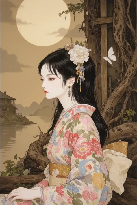 A gentle Japanese-style fantasy landscape、A woman wearing a beautiful kimono with a delicate floral pattern、with long black hair tied up in an elegant manner is very elegant。Japanese architecture and twisted tree roots in the background、soft golden light shines in。A butterfly fluttering near her shines softly、Dreamy and Fantastic Vibes、 Extremely Intricate Details、Ultra realistic texture、Ultra Wide Shot、highly detailed fantasy art style、High Quality、masterpiece、super definition