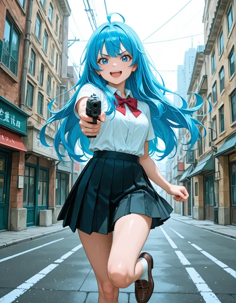 masterpiece, absurdres, highres, newest, detailed background, 1girl, :d, aiming at viewer, ankle socks, black skirt, blue eyes, blue hair, bow, bowtie, brown loafers, building, city, finger on trigger, GLOCKG, gun, handgun, holding, holding gun, holding we...