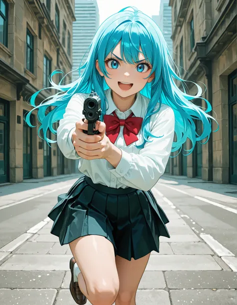masterpiece, absurdres, highres, newest, detailed background, 1girl, :d, aiming at viewer, ankle socks, black skirt, blue eyes, blue hair, bow, bowtie, brown loafers, building, city, finger on trigger, GLOCKG, gun, handgun, holding, holding gun, holding we...