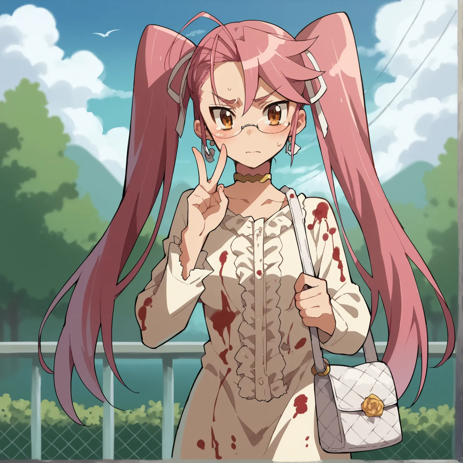 1 girl, alone, My name is Takagi, I&#39;m Takagi,  long hair,  twin tails ,  brown eyes, hair Love,  pink hair, glasses, She's wearing a revealing sexy mini yellow floral dress with attached long tight sleeves and a V-neckline, a gold choker, and earrings....
