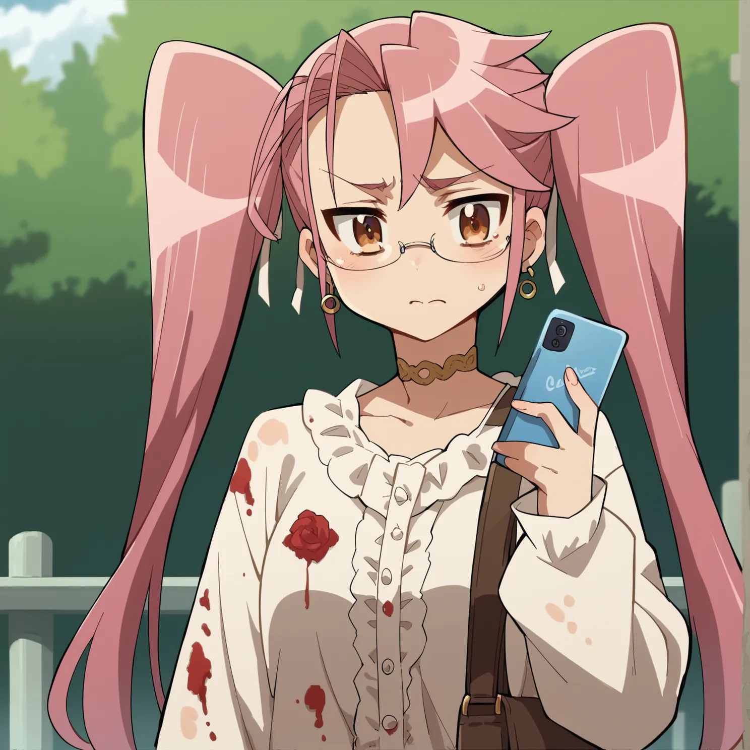 1 girl, alone, My name is Takagi, I&#39;m Takagi,  long hair,  twin tails ,  brown eyes, hair Love,  pink hair, glasses, She's wearing a revealing sexy mini yellow floral dress with attached long tight sleeves and a V-neckline, a gold choker, and earrings....