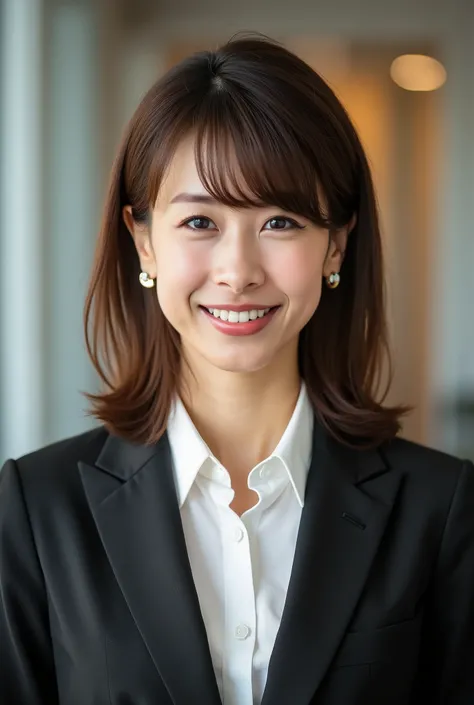 Neat Young Woman、looking at camera、office lady suit、Jacket、shirt、 Ear piercings、necklace、smile showing teeth、 pale brown hair、background is office

