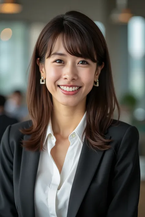 Neat Young Woman、looking at camera、office lady suit、Jacket、shirt、 Ear piercings、necklace、smile showing teeth、、background is office


