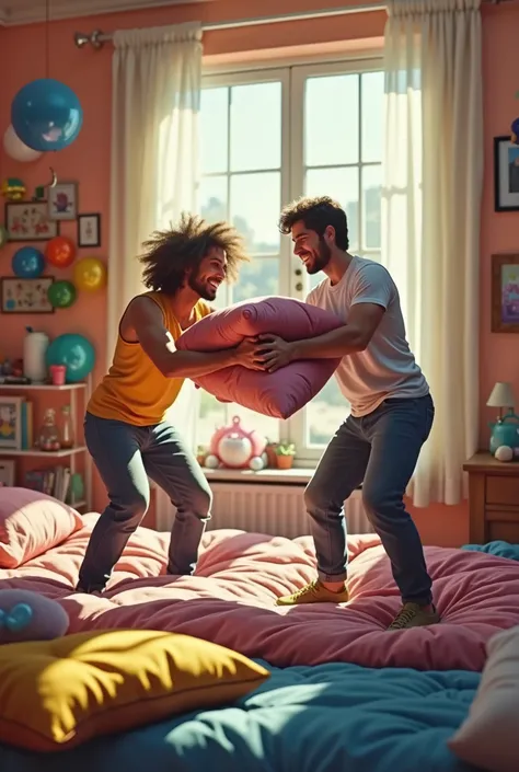 pillow fight, two people playfully fighting with pillows, dynamic action pose, colorful bedroom interior, messy bedding, sunlight streaming through window, soft focus, warm color palette, 8K, HDR, high quality, digital painting, cinematic lighting, vibrant...