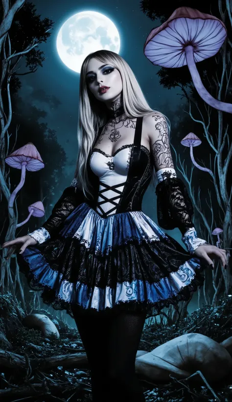 8k, ISO:400, f/:8, SS:200, Canon SX10,
masterpiece, best quality, ultra-detailed, 128k, photorealistic,
Full body portrait of a seductive and confident gothic Alice in Wonderland, young woman, flawless skin. She wears an intricate and sexy gothic dress...