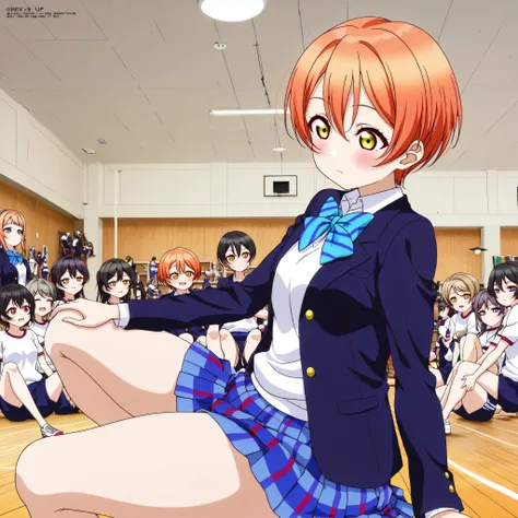 1girl,unwellness , striped, short hair, blush, otonokizaka school uniform, lovelive_rin black blazer, blue plaid skirt, blue stripe bowtie, orange hair, very short hair, hair between eyes, yellow green eyes,thick thighs,sitting on the floor grasping one's ...