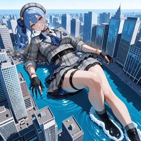 score_9, score_8_up, score_7_up, SuiseiBase, side ponytail, Plaid Beret, crown, blue star choker, star earrings, Blue Ascot , gray plaid jacket, gray plaid skirt, Layered Skirt, partially fingerless gloves, Star Bracelet, clothes with leg lengthening e...