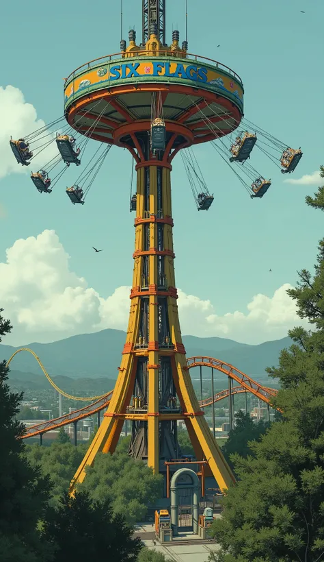 The image features a tall amusement park ride known as the "SkyScreamer" at Six Flags. This colorful tower is adorned with vibrant orange, yellow, and green vertically striped supports, culminating in a blue circular crown with the 'Six Flags' logo promine...