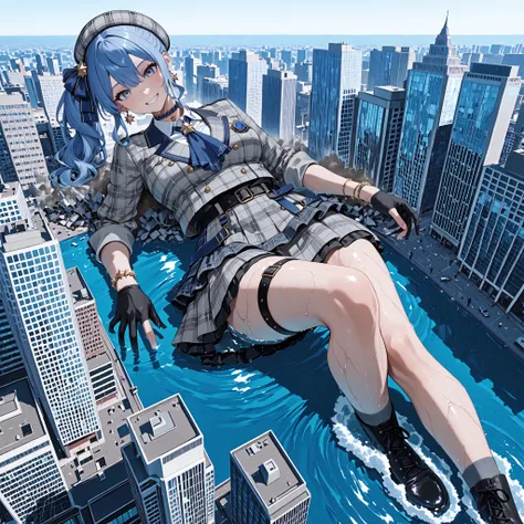 score_9, score_8_up, score_7_up, SuiseiBase, side ponytail, Plaid Beret, crown, blue star choker, star earrings, Blue Ascot , gray plaid jacket, gray plaid skirt, Layered Skirt, partially fingerless gloves, Star Bracelet, clothes with leg lengthening e...